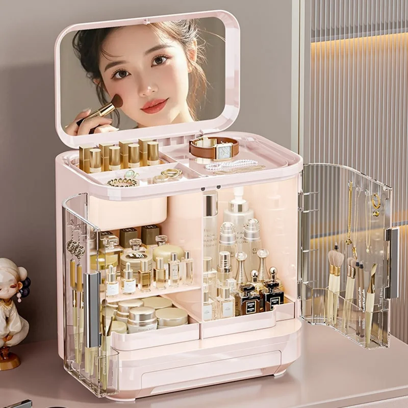 2068 Großer Kosmetikorganizer mit Spiegel, Staubdichter Kunststoff-Kosmetikaufbewahrungskasten - Weiß + Transparent