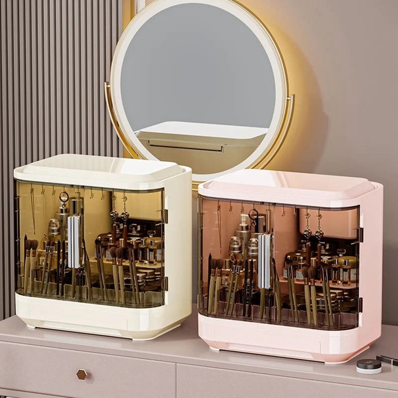 2068 Großer Kosmetikorganizer mit Spiegel, Staubdichter Kunststoff-Kosmetikaufbewahrungskasten - Weiß + Transparent