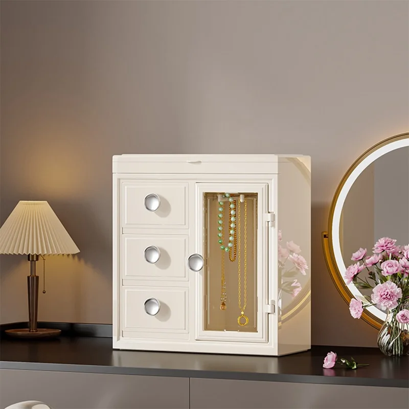 Caixa de Joias de Luxo 8899 com Espelho Embutido Organizador Multicamadas para Anéis Colares Brincos Estojo de Armazenamento - Branco Leitoso