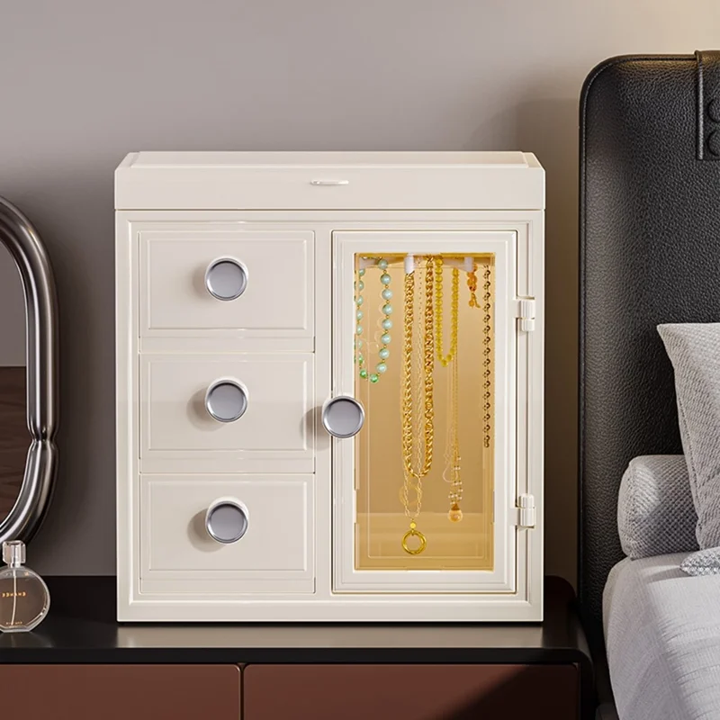 Caixa de Joias de Luxo 8899 com Espelho Embutido Organizador Multicamadas para Anéis Colares Brincos Estojo de Armazenamento - Branco Leitoso