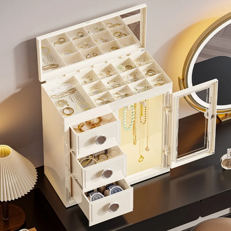 Caixa de Joias de Luxo 8899 com Espelho Embutido Organizador Multicamadas para Anéis Colares Brincos Estojo de Armazenamento - Branco Leitoso