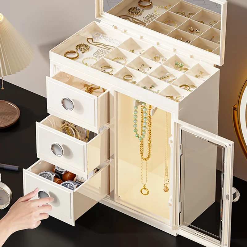 Caixa de Joias de Luxo 8899 com Espelho Embutido Organizador Multicamadas para Anéis Colares Brincos Estojo de Armazenamento - Branco Leitoso