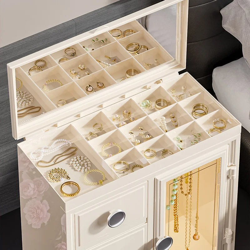 Caixa de Joias de Luxo 8899 com Espelho Embutido Organizador Multicamadas para Anéis Colares Brincos Estojo de Armazenamento - Branco Leitoso
