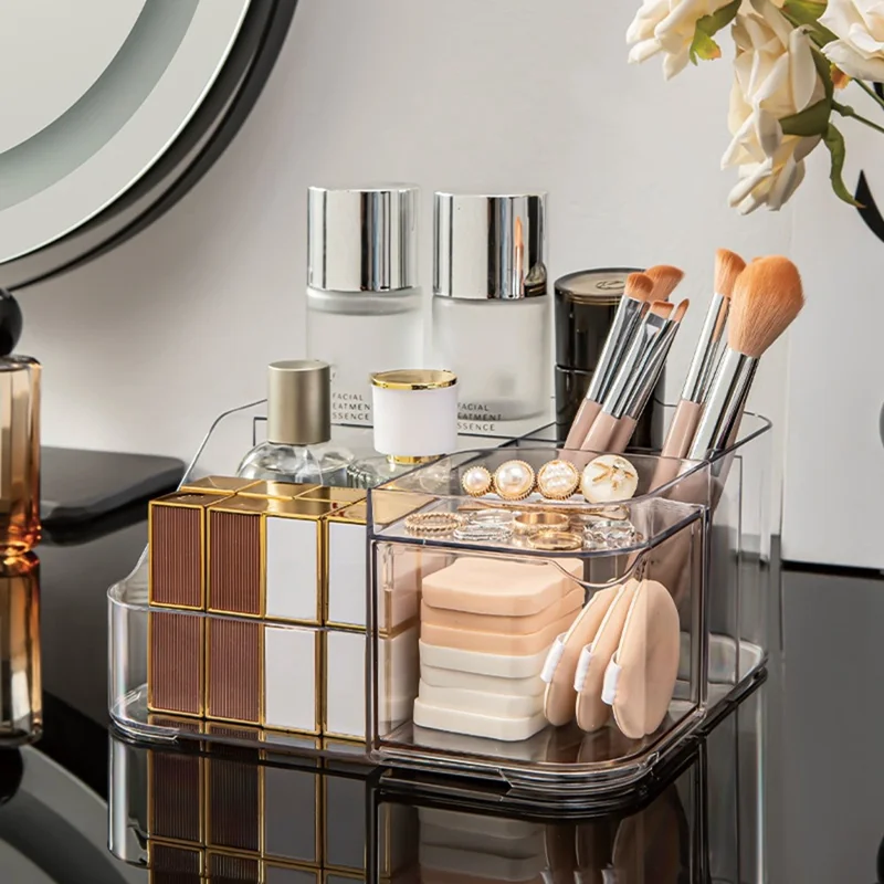 Y001 Makeup Organizer Vanity Skincare Storage Transparent PET Display Shelf with Rotating Drawer - Transparent White