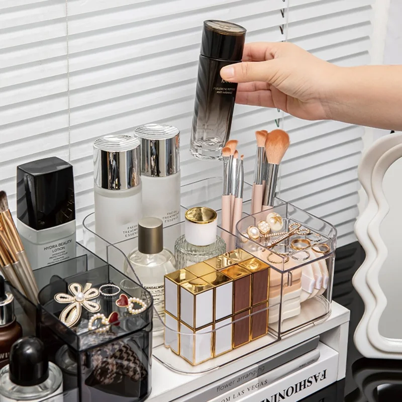 Y001 Makeup Organizer Vanity Skincare Storage Transparent PET Display Shelf with Rotating Drawer - Transparent White