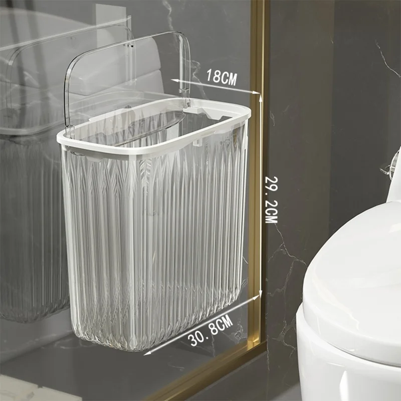 0738 12L Wandbevestuilde Prullenbak met Deksel voor Badkamer Keuken Eenvoudig Openen Prullenbak - Transparant Wit