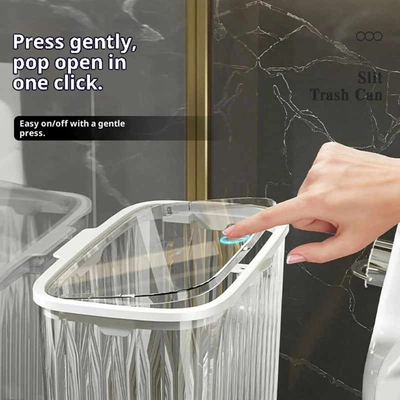 0738 12L Wandbevestuilde Prullenbak met Deksel voor Badkamer Keuken Eenvoudig Openen Prullenbak - Transparant Wit