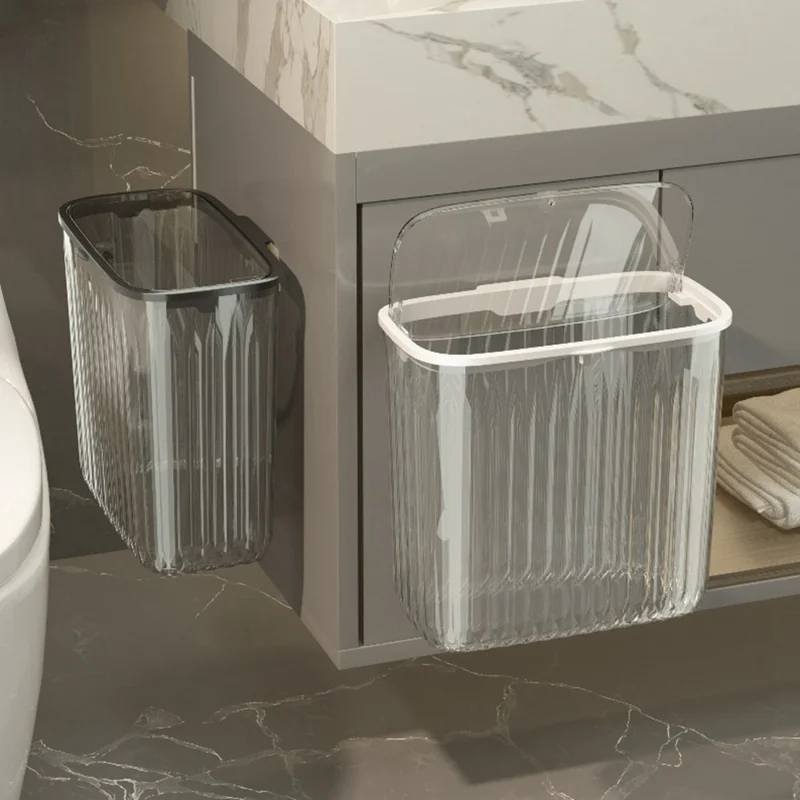 0738 12L Wandbevestuilde Prullenbak met Deksel voor Badkamer Keuken Eenvoudig Openen Prullenbak - Transparant Wit