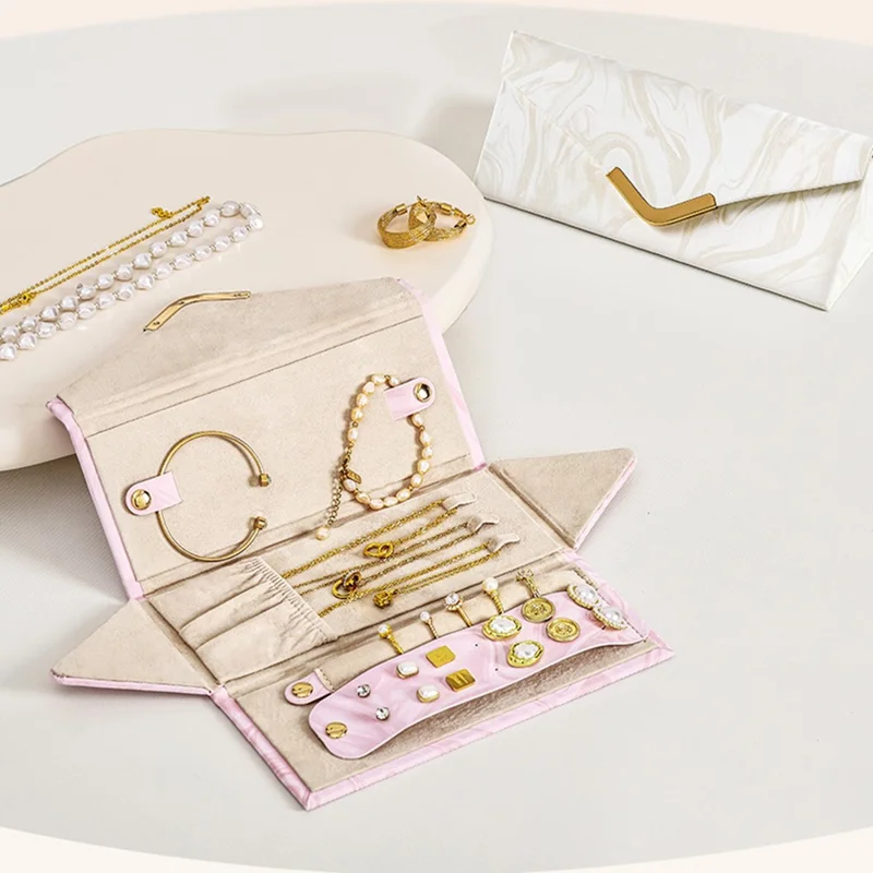 sp01371 PU Leather gevouwen sieradendoos voor oorbellen ringen kettingen met zachte voering oogglazen opbergdoos - Roze