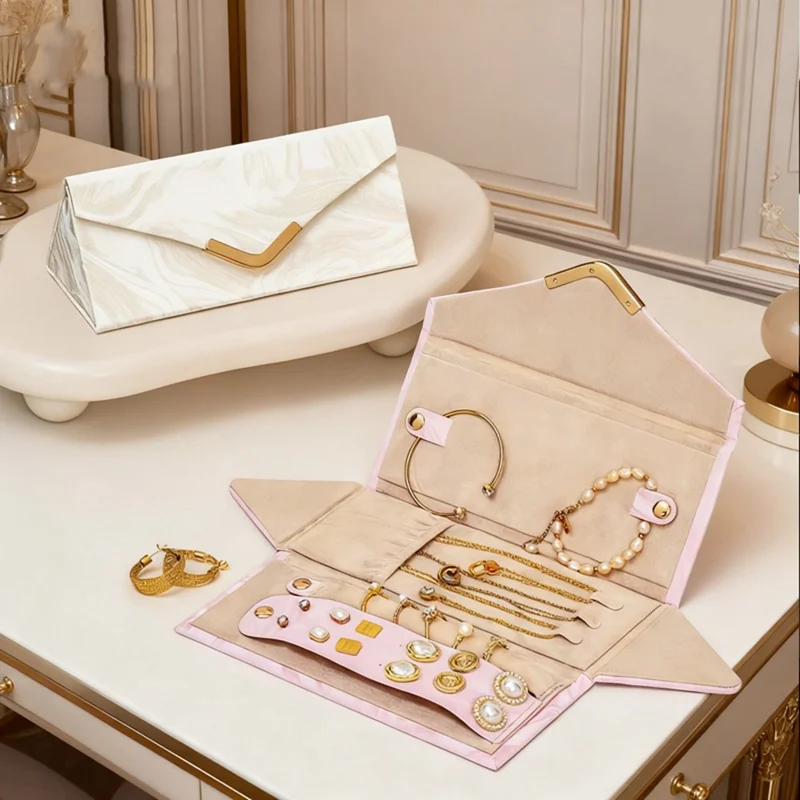 sp01371 PU Leather gevouwen sieradendoos voor oorbellen ringen kettingen met zachte voering oogglazen opbergdoos - Roze