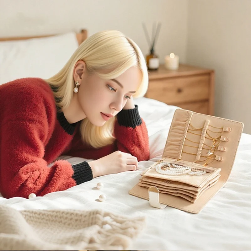 Organisateur de bijoux portable en forme de livre Organisateur de bijoux portable en cuir PU multicouche Organisateur de colliers et de boucles d'oreilles - Beige