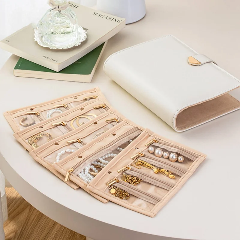 Organisateur de bijoux portable en forme de livre Organisateur de bijoux portable en cuir PU multicouche Organisateur de colliers et de boucles d'oreilles - Beige