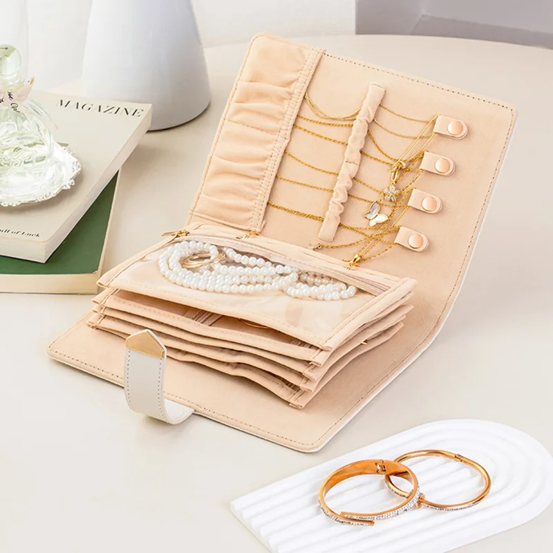 Organisateur de bijoux portable en forme de livre Organisateur de bijoux portable en cuir PU multicouche Organisateur de colliers et de boucles d'oreilles - Beige