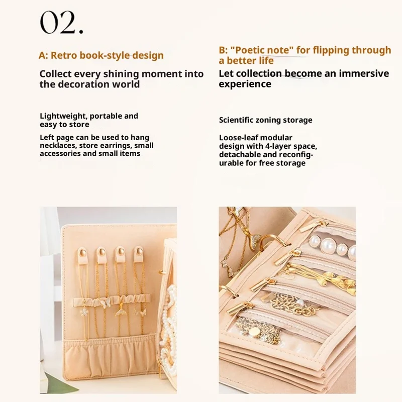 Organisateur de bijoux portable en forme de livre Organisateur de bijoux portable en cuir PU multicouche Organisateur de colliers et de boucles d'oreilles - Beige