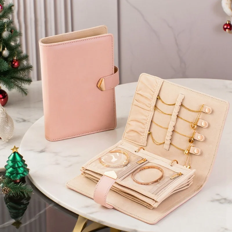 Organisateur de bijoux portable en forme de livre Organisateur de bijoux portable en cuir PU multicouche Organisateur de colliers et de boucles d'oreilles - Beige