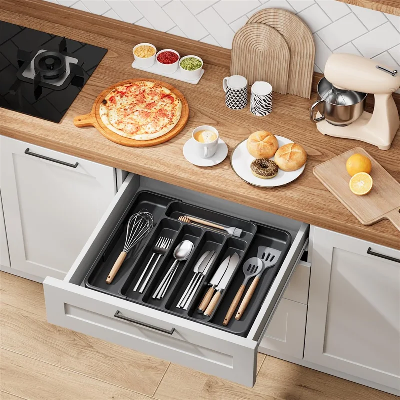 Small Size Expandable 7 Slot Cutlery Organizer Adjustable Drawer Utensil Tray for Knives  /  Forks  /  Spoons - Black