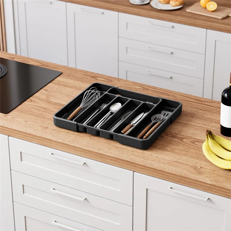 Small Size Expandable 7 Slot Cutlery Organizer Adjustable Drawer Utensil Tray for Knives  /  Forks  /  Spoons - Black