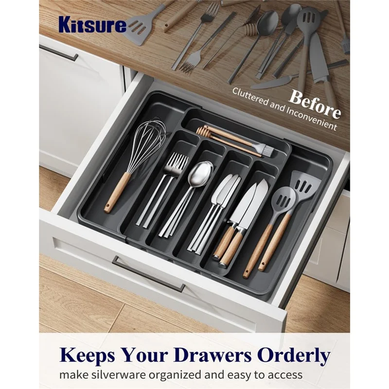 Small Size Expandable 7 Slot Cutlery Organizer Adjustable Drawer Utensil Tray for Knives  /  Forks  /  Spoons - Black