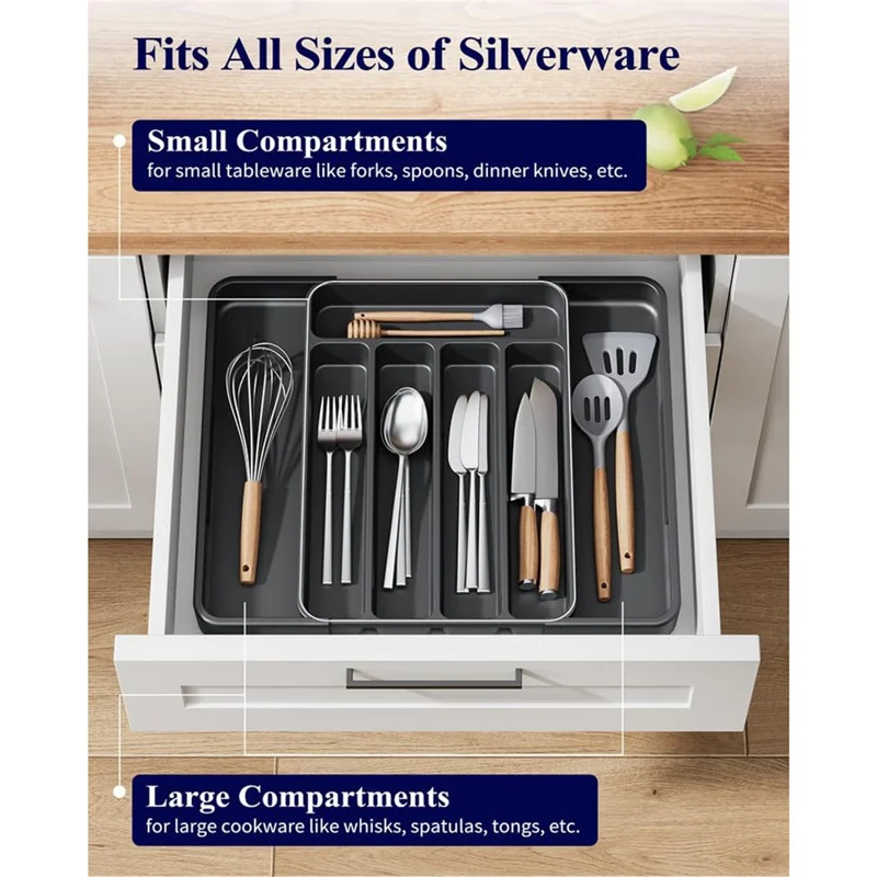 Small Size Expandable 7 Slot Cutlery Organizer Adjustable Drawer Utensil Tray for Knives  /  Forks  /  Spoons - Black