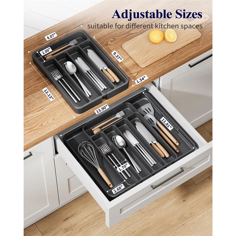 Small Size Expandable 7 Slot Cutlery Organizer Adjustable Drawer Utensil Tray for Knives  /  Forks  /  Spoons - Black