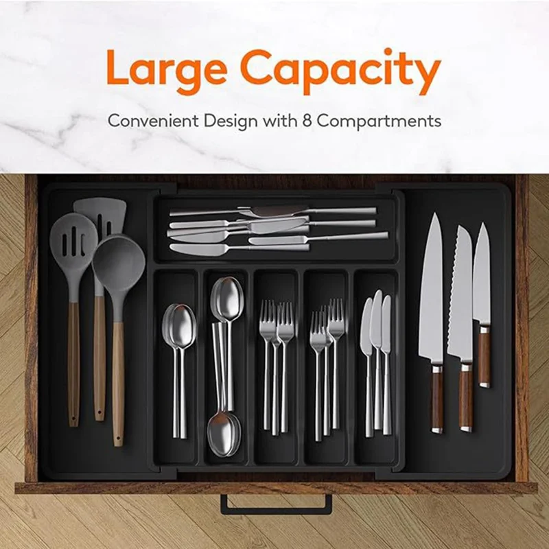 Adjustable Cutlery Organizer 8 Compartments PC Drawer Divider Utensil Storage Tray Expandable for Kitchen - Black