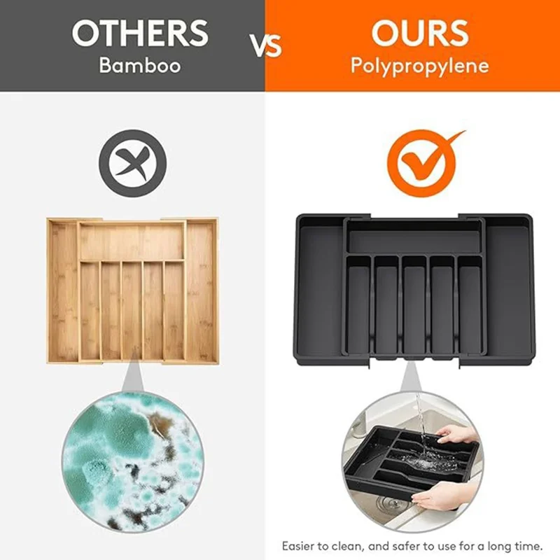 Adjustable Cutlery Organizer 8 Compartments PC Drawer Divider Utensil Storage Tray Expandable for Kitchen - Black