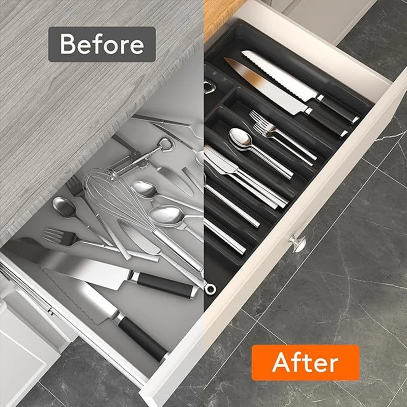 Adjustable Cutlery Organizer 8 Compartments PC Drawer Divider Utensil Storage Tray Expandable for Kitchen - Black