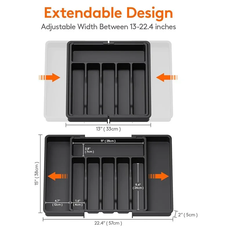 Adjustable Cutlery Organizer 8 Compartments PC Drawer Divider Utensil Storage Tray Expandable for Kitchen - Black