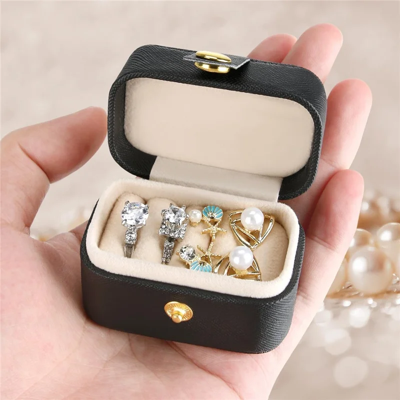 PVC Leather Mini Travel Ring Box 4 Slots Jewelry Organizer Multi-Layer Flip Portable for Earrings Studs - Black