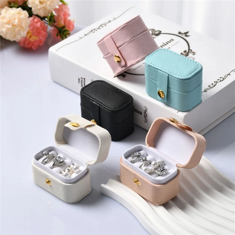 PVC Leather Mini Travel Ring Box 4 Slots Jewelry Organizer Multi-Layer Flip Portable for Earrings Studs - Black