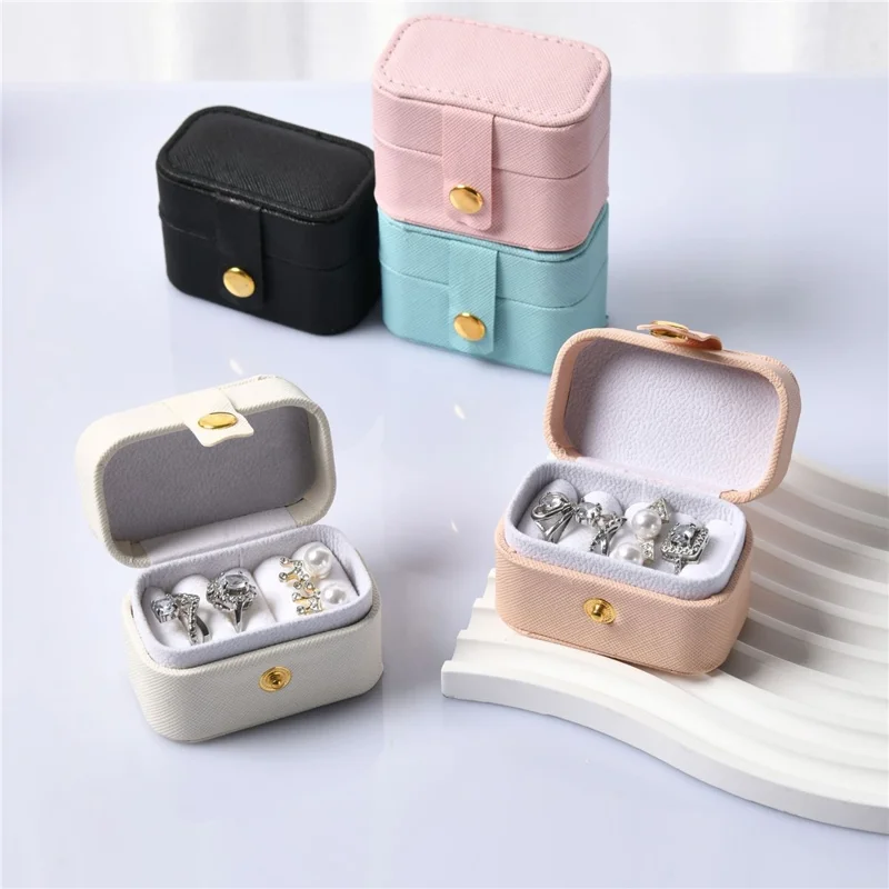 PVC Leather Mini Travel Ring Box 4 Slots Jewelry Organizer Multi-Layer Flip Portable for Earrings Studs - Black