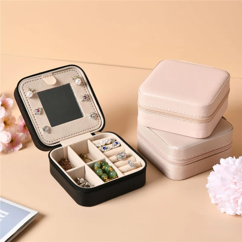 Boîte de rangement de bijoux de voyage en cuir PU, étanche et anti-poussière, avec miroir pour colliers, boucles d'oreilles et clous - Bleu