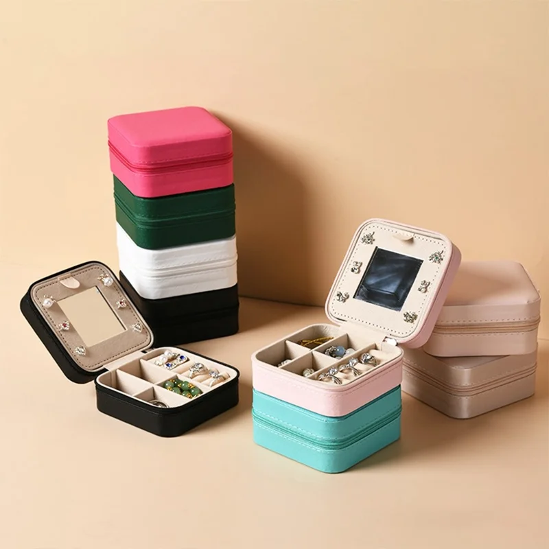 Boîte de rangement de bijoux de voyage en cuir PU, étanche et anti-poussière, avec miroir pour colliers, boucles d'oreilles et clous - Bleu