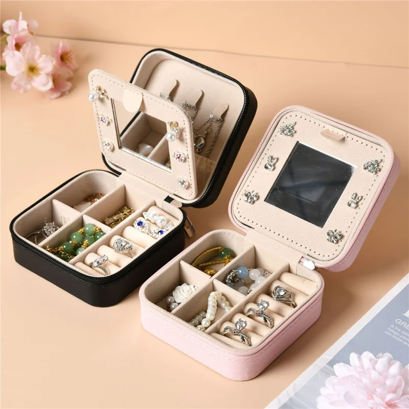 Boîte de rangement de bijoux de voyage en cuir PU, étanche et anti-poussière, avec miroir pour colliers, boucles d'oreilles et clous - Bleu