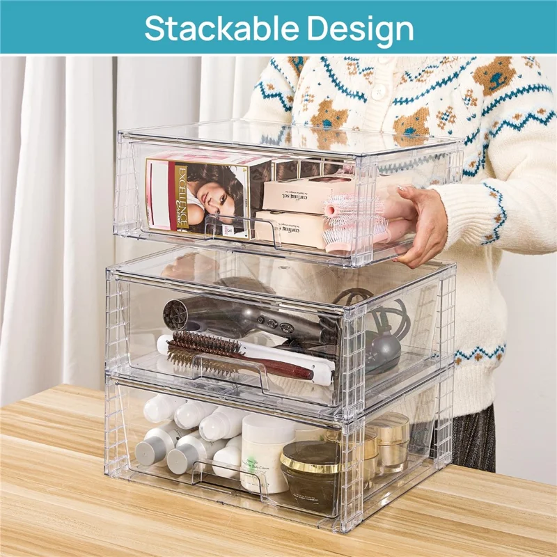 2Pcs PET 12 inch Detachable Cosmetic Storage Box Large Capacity Assembled Drawer Stackable Desktop Organizer
