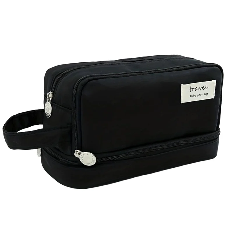 Grande Trousse à Crayons en Polyester Capacité Importante Organisateur de Papeterie à Double Couche 3 Compartiments Sac de Maquillage avec Fermeture Éclair en Métal - Noir