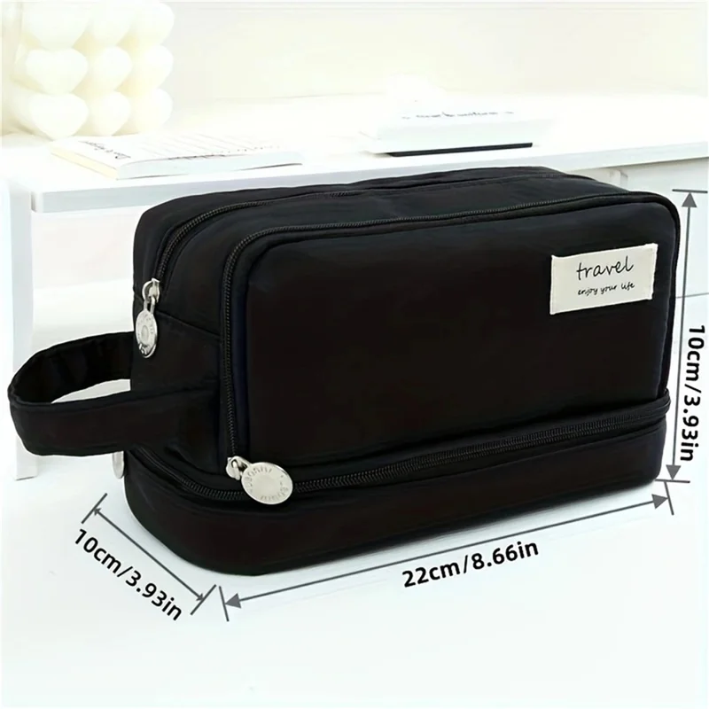 Grande Trousse à Crayons en Polyester Capacité Importante Organisateur de Papeterie à Double Couche 3 Compartiments Sac de Maquillage avec Fermeture Éclair en Métal - Noir