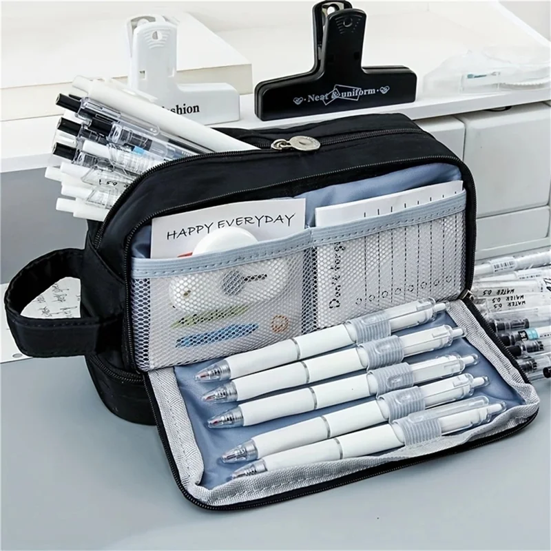 Grande Trousse à Crayons en Polyester Capacité Importante Organisateur de Papeterie à Double Couche 3 Compartiments Sac de Maquillage avec Fermeture Éclair en Métal - Noir