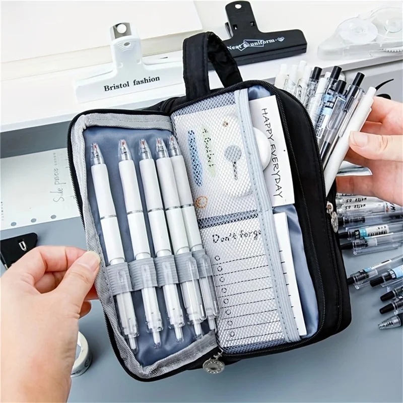 Grande Trousse à Crayons en Polyester Capacité Importante Organisateur de Papeterie à Double Couche 3 Compartiments Sac de Maquillage avec Fermeture Éclair en Métal - Noir