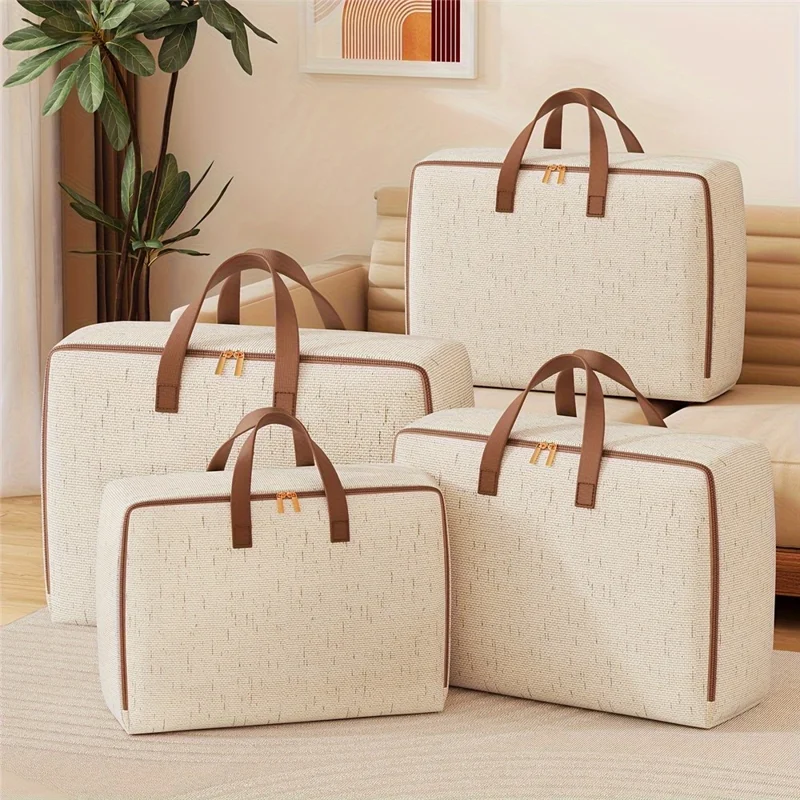32L Cotton Linen Storage Bag Handheld Quilt Storage Bag Large Capacity Foldable Clothes Organizer for Home Travel