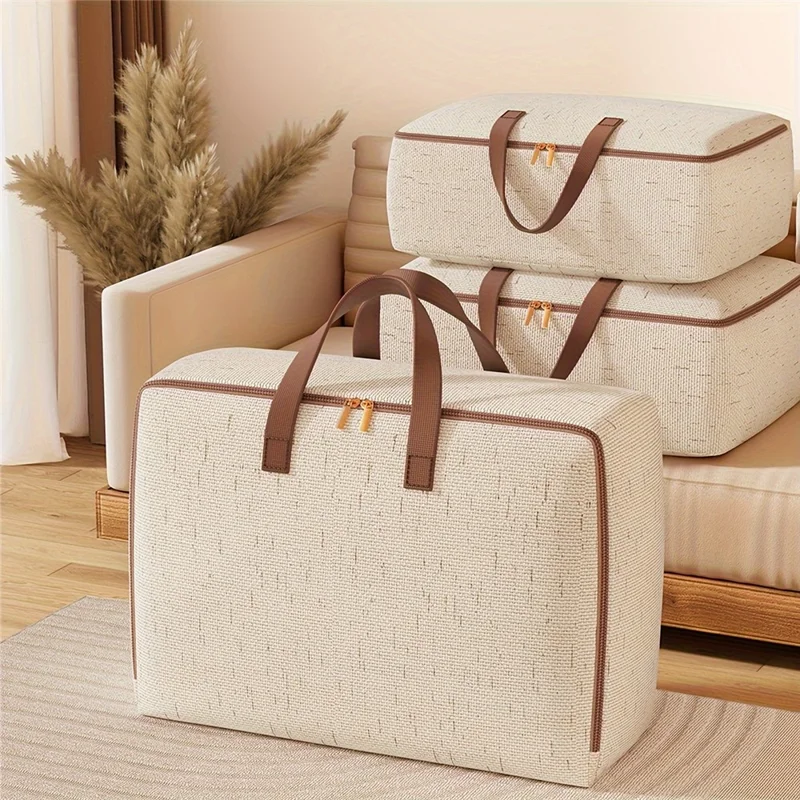 50L Cotton Linen Storage Bag Handheld Quilt Storage Bag Large Capacity Foldable Clothes Organizer for Home Travel
