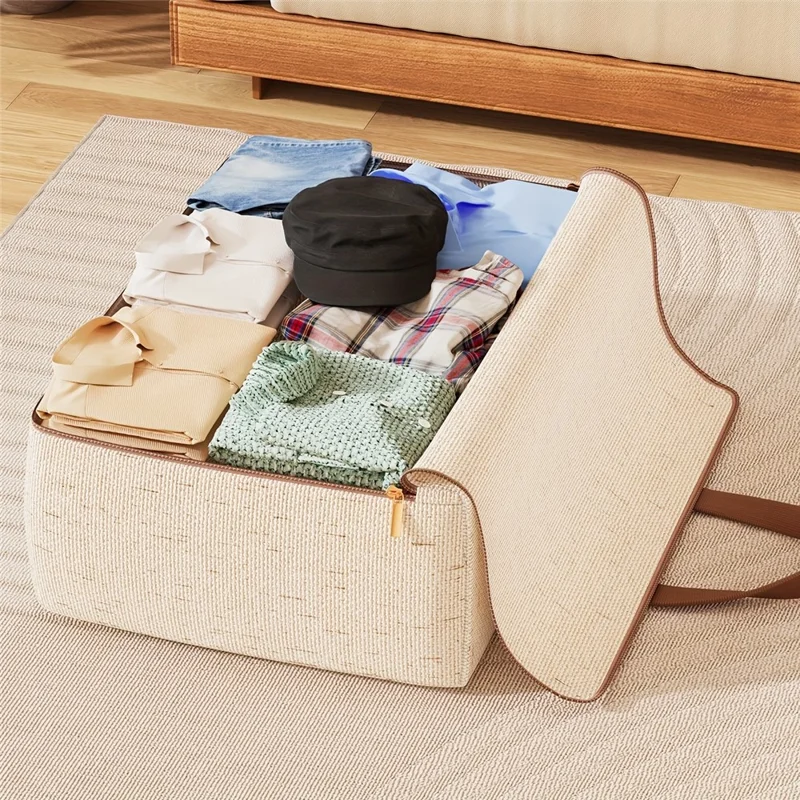 82L Cotton Linen Storage Bag Handheld Quilt Storage Bag Large Capacity Foldable Clothes Organizer for Home Travel