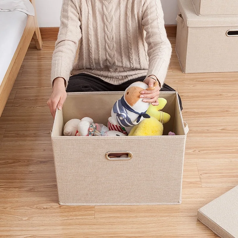 32×24×18cm Small Cotton Linen Clothes Storage Box Foldable Organizer with Handles Dust-Proof Storage Bin for Home Wardrobe - Grey