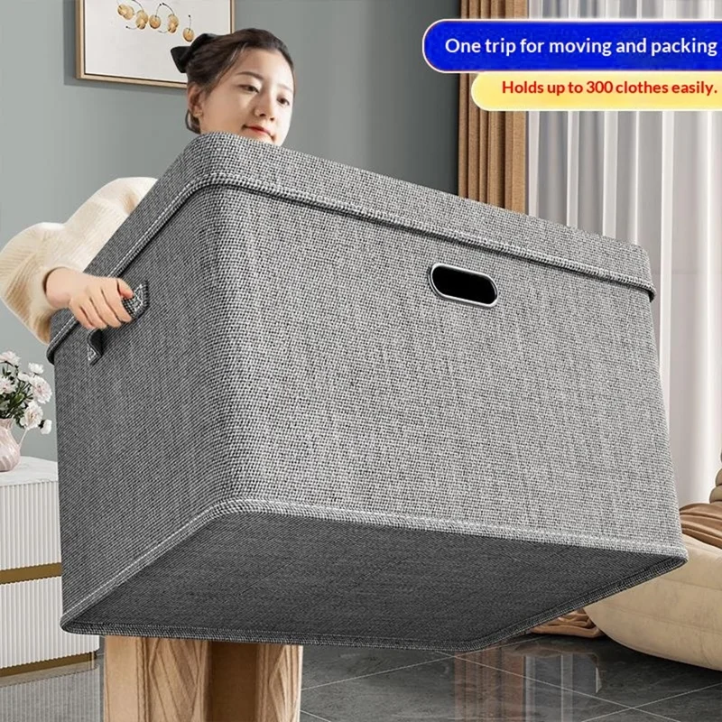 50×35×31cm Extra Large Cotton Linen Clothes Storage Box Foldable Organizer with Handles Dust-Proof Storage Bin for Home Wardrobe - Grey