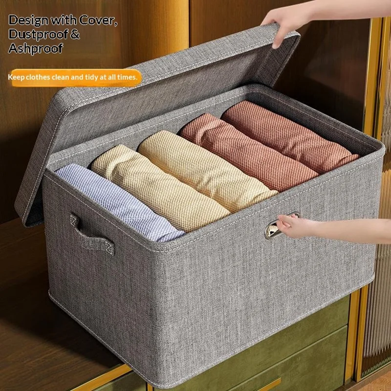 58×40×35cm Oversized Cotton Linen Clothes Storage Box Foldable Organizer with Handles Dust-Proof Storage Bin for Home Wardrobe - Grey
