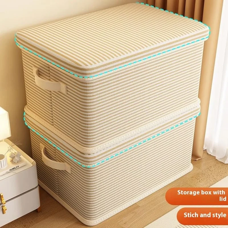 Scatola per Riporre Extra Large 50×40×33 cm a Righe, Organizzatore Pieghevole con Coperchio e Maniglie Rinforzate per Armadio e Guardaroba - Righe Beige