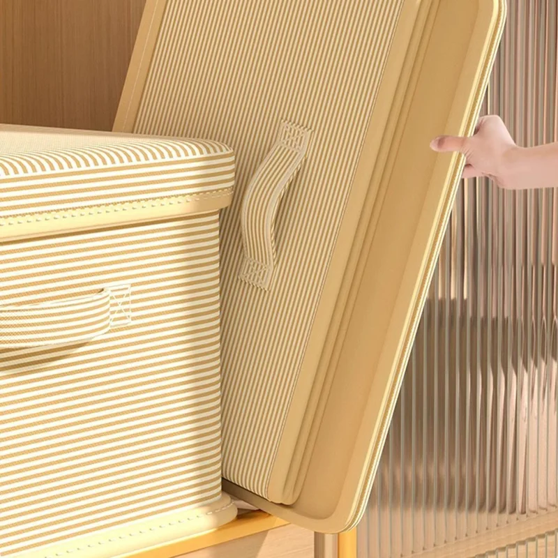 Scatola per Riporre Extra Large 50×40×33 cm a Righe, Organizzatore Pieghevole con Coperchio e Maniglie Rinforzate per Armadio e Guardaroba - Righe Beige
