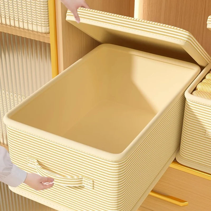 Scatola per Riporre Extra Large 50×40×33 cm a Righe, Organizzatore Pieghevole con Coperchio e Maniglie Rinforzate per Armadio e Guardaroba - Righe Beige