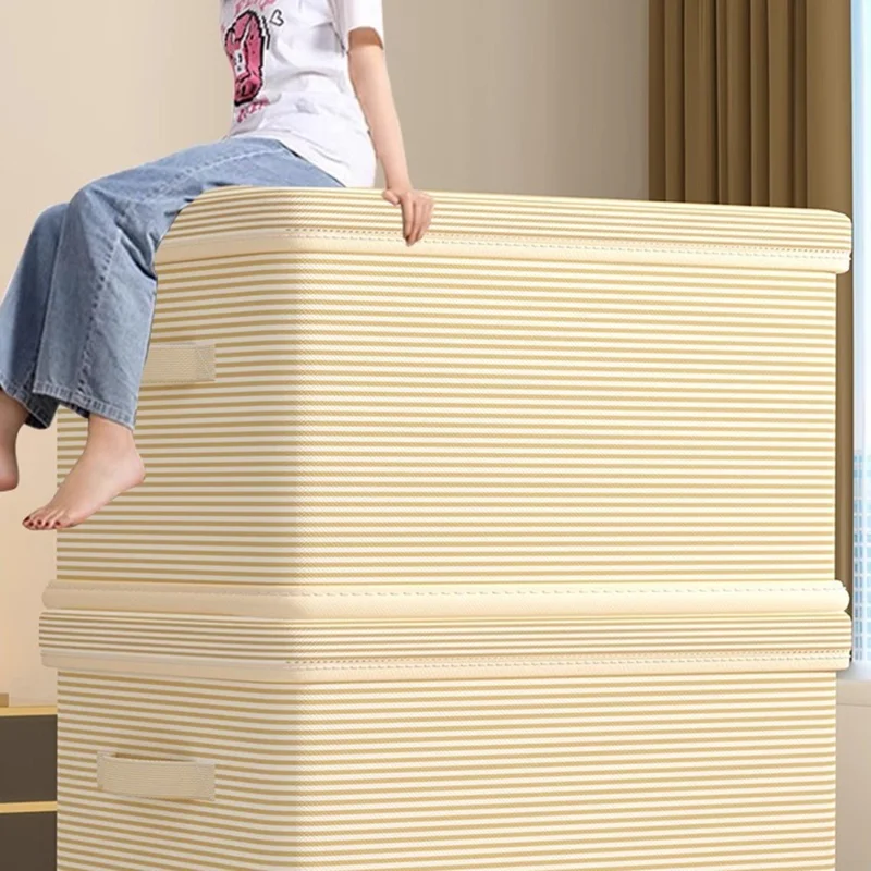 Scatola per Riporre Extra Large 50×40×33 cm a Righe, Organizzatore Pieghevole con Coperchio e Maniglie Rinforzate per Armadio e Guardaroba - Righe Beige