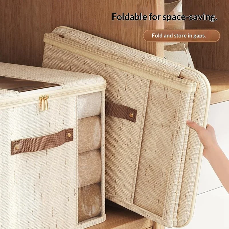 Scatola per il ripostiglio in cotone e lino 45×35×25 cm extra large, organizzatore con doppia apertura con cerniera e maniglie, scatola per coperte per la casa